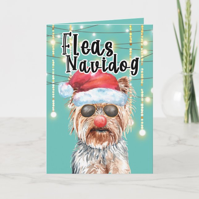 Funny Yorkie Santa im Licht glücklicher Ferien Karte (Vorderseite)