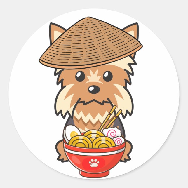 Funny Yorkshire Terrier isst Nudeln Runder Aufkleber (Vorderseite)