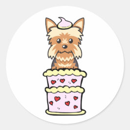 Funny Yorkshire Terrier springt aus einem Kuchen Runder Aufkleber