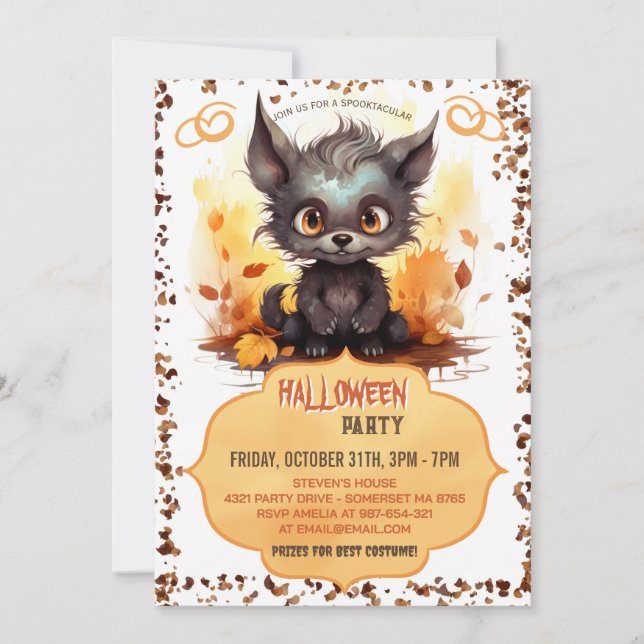 Funny Young Werewolf und Pumpkin Watercolor Einladung (Vorderseite)