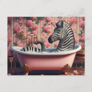 Funny Zebra in einer Badewanne Rosa Blumenbad Postkarte