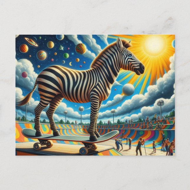 Funny Zebra Skateboarding Surreal farbig Postkarte (Vorderseite)