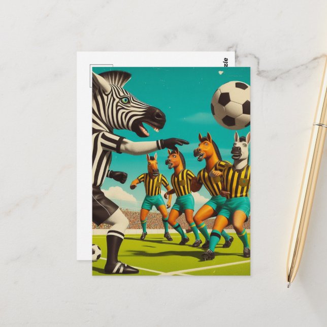 Funny Zebra und Pferd-Fußball-Spiel Postkarte (Vorderseite/Rückseite Beispiel)