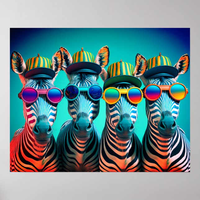 Funny Zebras Niedlich Zoo Animals Hats Brille Poster (Vorne)