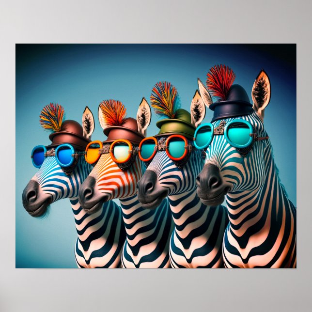 Funny Zebras Niedlich Zoo Animals Party Hats Brill Poster (Vorne)