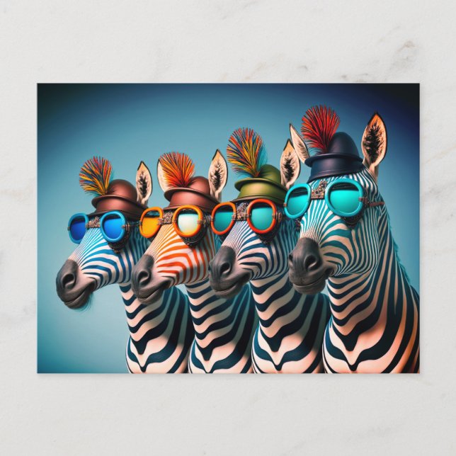 Funny Zebras Niedlich Zoo Animals Party Hats Brill Postkarte (Vorderseite)