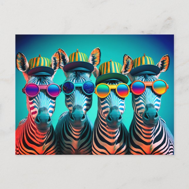 Funny Zebras Niedlich Zoo Animals Party Hats Brill Postkarte (Vorderseite)