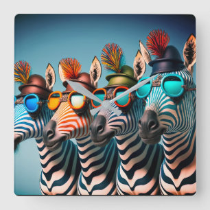 Funny Zebras Niedlich Zoo Animals Party Hats Brill Quadratische Wanduhr
