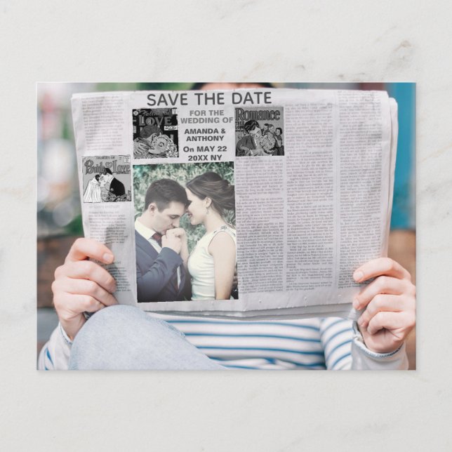 Funny zeitung Custom Foto Save the Date Einladungspostkarte (Vorderseite)