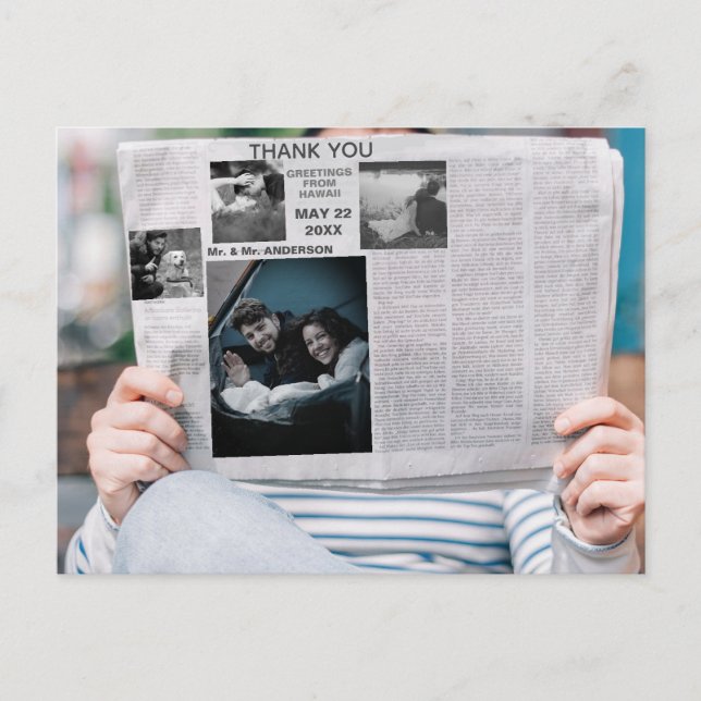 Funny Zeitung Custom Foto vielen Dank Einladungspostkarte (Vorderseite)