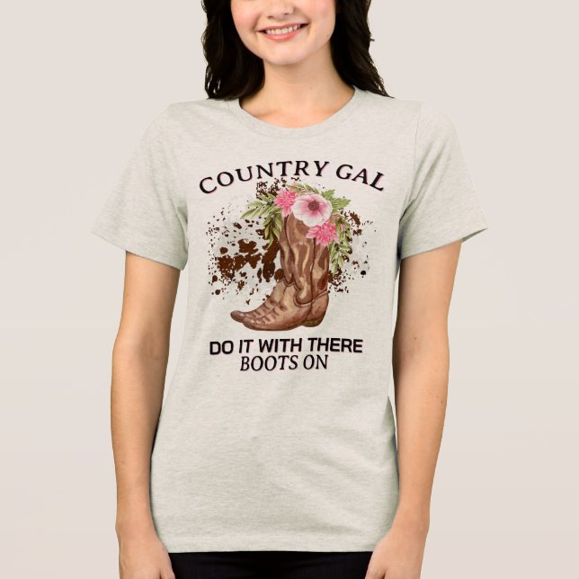 Funny Zitat Retro Cowgirl Blumenstiefel Tri-Blend Shirt (Vorderseite)