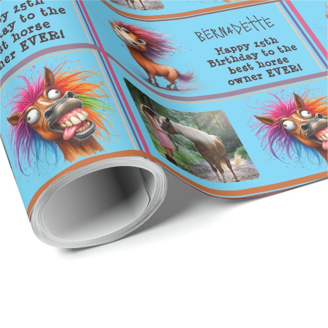 FunnyHorse Birthday Foto Name Sentiment Geschenkpapier (Rolleneckpunkt)