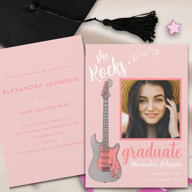 Funrosa Script Graduate Foto Graduate Party Einladung (Fun pink electric guitar graduate photo modern script graduation party invitation )