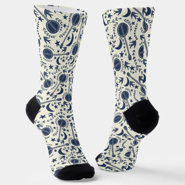 Für Banjo Spieler Muster Blue und Cream Folk Art Socken (Gewinkelt)