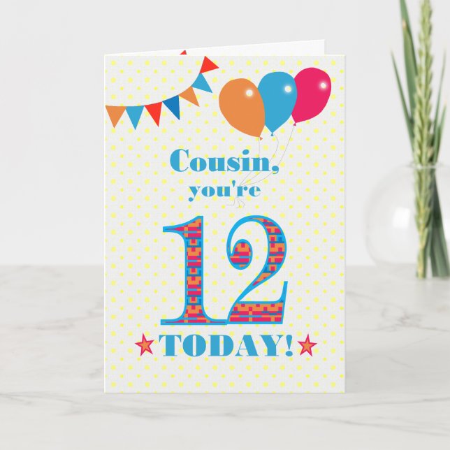 Für Cousin 12. Geburtstag Bunting Balloons Card Karte (Vorderseite)
