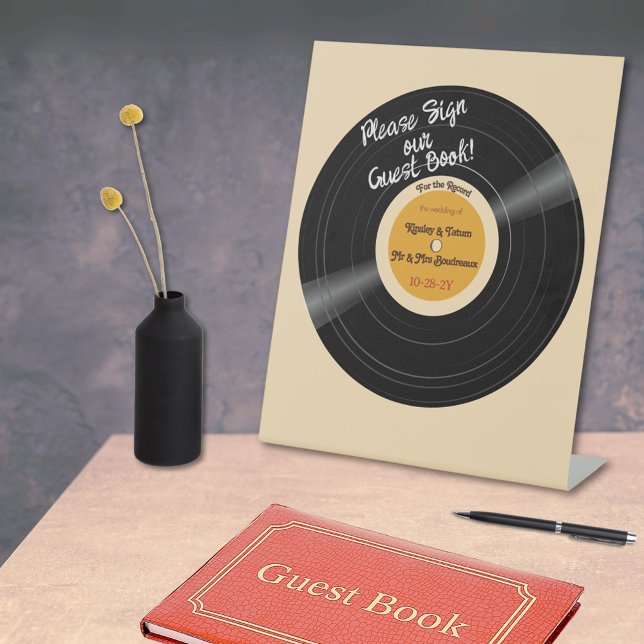 Für den Rekord Vinyl Groovy Browns Gästebuch Sockelschild (Vinyl record guest book sign in cream, orange, and brown)