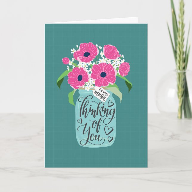 Für Dich denkend Mutter Mason-Glas mit rosa Blumen Karte (Vorderseite)