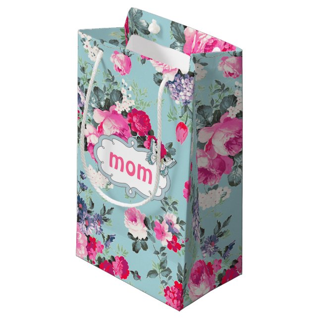 Für dich, Mama. Alte Rose und Schmetterling Kleine Geschenktüte (Vorderseite Schrägansicht)