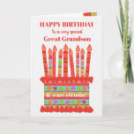 Für die große Grandson Custom Age Geburtstagskarte Karte<br><div class="desc">Sie können das Alter zu dieser farbenfrohen Geburtstagskarte für Ihren Urenkel hinzufügen, mit einem Erdbeergeburtstorte. Der Kuchen hat viele Kerzen mit verschiedenen Mustern und es gibt eine gemusterte Band um den Kuchen mit bunten Sommerfrüchten - Erdbeeren, Himbeeren, Limetten und Orangenscheiben. Über dem Kuchen heißt der Gruß in roter Schrift "GLÜCKLICHER...</div>