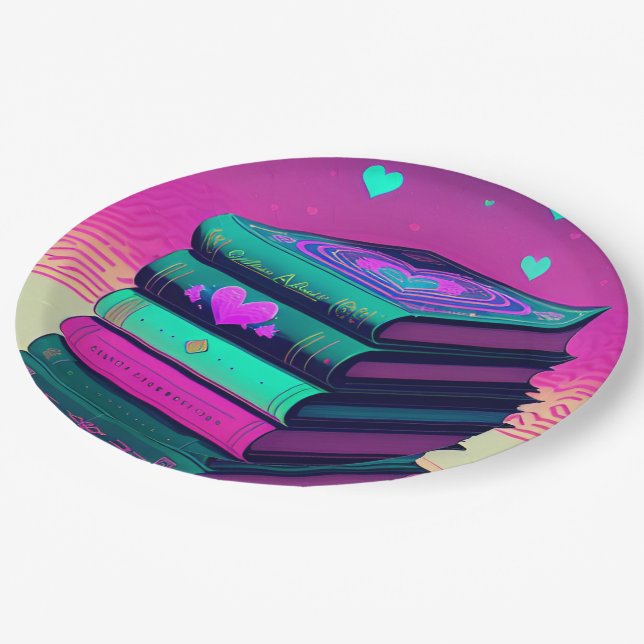 Für die Liebe der Bücher rosa Pappteller (Schrägansicht)