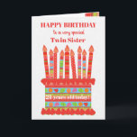 Für die Twin Sister Custom Age Birthday Cake Card Karte<br><div class="desc">Sie können das Alter zu dieser farbenfrohen Geburtstagskarte Ihrer Zwillingsschwester hinzufügen, mit einer Erdbeergeburtstorte. Der Kuchen hat viele Kerzen mit verschiedenen Mustern und es gibt eine gemusterte Band um den Kuchen mit bunten Sommerfrüchten - Erdbeeren, Himbeeren, Limetten und Orangenscheiben. Über dem Kuchen, der Gruß in roter Schrift ist "GLÜCKLICHER GEBURTSTAG...</div>