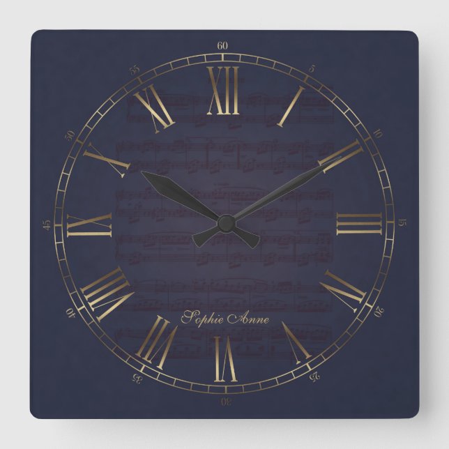 Für Elite Music Gold Navy Blue Roman Monogram Quadratische Wanduhr (Vorderseite)