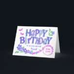 Für Friend Birthday Pink und Blue Periwinkles Card Feiertagskarte<br><div class="desc">Eine sehr hübsche, blumenreiche Geburtstagskarte für Ihren Freund. Periwinkle Blume in purpurpurblau, von Lavendelblau bis Rosa. Der Gruß auf der Titelseite ist "Happy Birthday" in großen Briefen, gefüllt mit Mustern aus meiner Sammlung "Periwinkle Patch" und "zu einem ganz besonderen Freund". Die großen Falten in der verlassen unteren Kartenhalle strecken sich...</div>