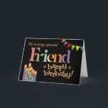 Für Friend Chic Kerzen, Bunting Birthday Card Karte<br><div class="desc">Eine helle und farbenfrohe Geburtstagskarte für einen Freund jeden Alters,  mit Birthday Cake Candles,  Bunting and Stars und dem Wort "Friend" in gemusterter Schrift,  in Goldeffekt (nicht in metallischer Tinte) und Happy Birthday,  auch in Goldeffekt,  auf schwarzem Hintergrund. Ein digitales Design von Judy Adamson.</div>