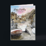 Für Friends on Birthday Staithes England Wasserfar Karte<br><div class="desc">Senden Sie Ihre Nachrichten mit dieser exquisiten Grußkarte, die das Aquarellbild von mir, Farida Greenfield, darstellt. Die Karte enthält eine liebevoll detaillierte Darstellung des traditionellen Fischerdorfes Staithes in North Yorkshire, England. Der Herbst atmet Leben in den malerischen Steinhäusern, gemütlichen Hütten und bescheidenen Booten, die Ihren aufrichtigen Wünschen Charakter und Wärme...</div>