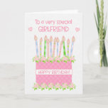 Für Girlfriend Birthday Cake Hearts and Rose Card Karte<br><div class="desc">Eine sehr hübsche Geburtstagskarte für Ihre Freundin mit einem rosa Geburtstagskuchen mit vielen gemusterten Kerzen. Der Kuchen ist rosa, mit einem Polka Dot-Muster und mit rosafarbenen, albertinischen Rose dekoriert, die von Hand in Aquarellfarben gemalt werden. "Happy Birthday!" ist in passendem Rosa auf einer weißen Band um den Kuchen geschrieben. Über...</div>