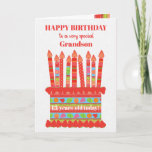 Für Grandson Custom Age Birthday Cake Card Karte<br><div class="desc">Sie können das Alter zu dieser farbenfrohen Geburtstagskarte für Ihren Enkel hinzufügen, mit einer Erdbeergeburtstorte. Der Kuchen hat viele Kerzen mit verschiedenen Mustern und es gibt eine gemusterte Band um den Kuchen mit bunten Sommerfrüchten - Erdbeeren, Himbeeren, Limetten und Orangenscheiben. Über dem Kuchen, der Gruß in roter Schrift ist "GLÜCKLICHER...</div>