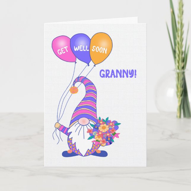 Für Granny Get Well Gnome Balloons Blume Card Karte (Vorderseite)