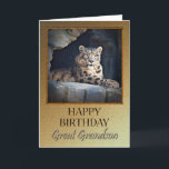 Für Groß Grandson ein Geburtstag mit Schneeleopard Karte<br><div class="desc">Eine Geburtstagskarte für einen Großen Enkel,  der einen Regalschneeleopard in seiner Höhle zeigt.</div>