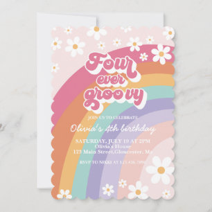 Für immer groovy Retro-Regenbogen 4. Geburtstag Einladung