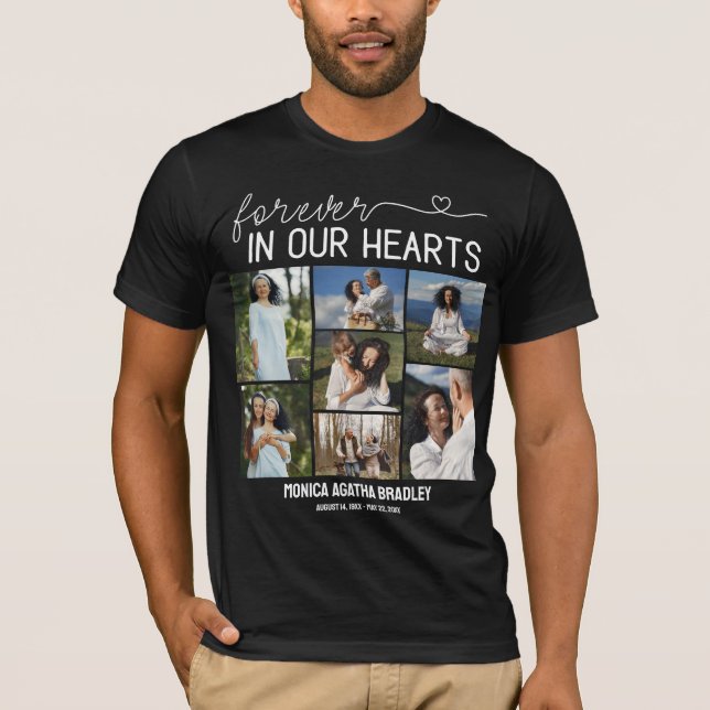 Für immer in unserem Hearts Memorial Foto Collage T-Shirt (Vorderseite)