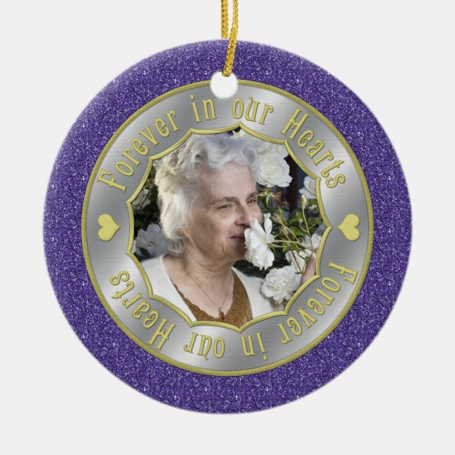 Für immer in unserem Hearts Memorial Foto Weihnach Keramik Ornament (Vorne)