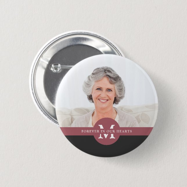 Für immer in unserem Hearts Monogram Foto Memorial Button (Vorne & Hinten)