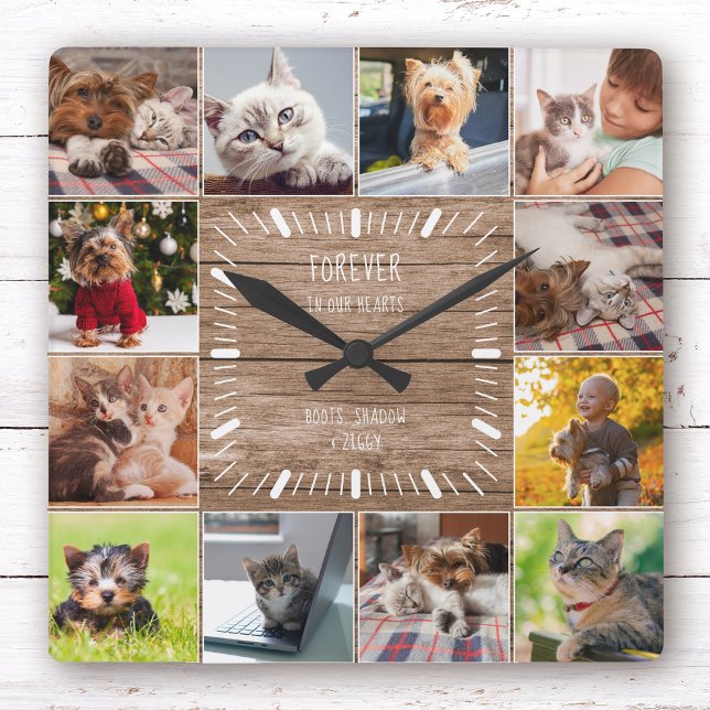 Für immer in unserem Hearts Pet Memorial Foto Coll Quadratische Wanduhr (Collage clock with cute animals: kittens, puppies, etc. Center reads "Forever in Our Hearts")