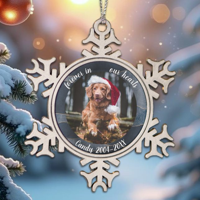 Für immer in unserem Herz Foto Pet Memorial Abstra Schneeflocken Zinn-Ornament (Von Creator hochgeladen)