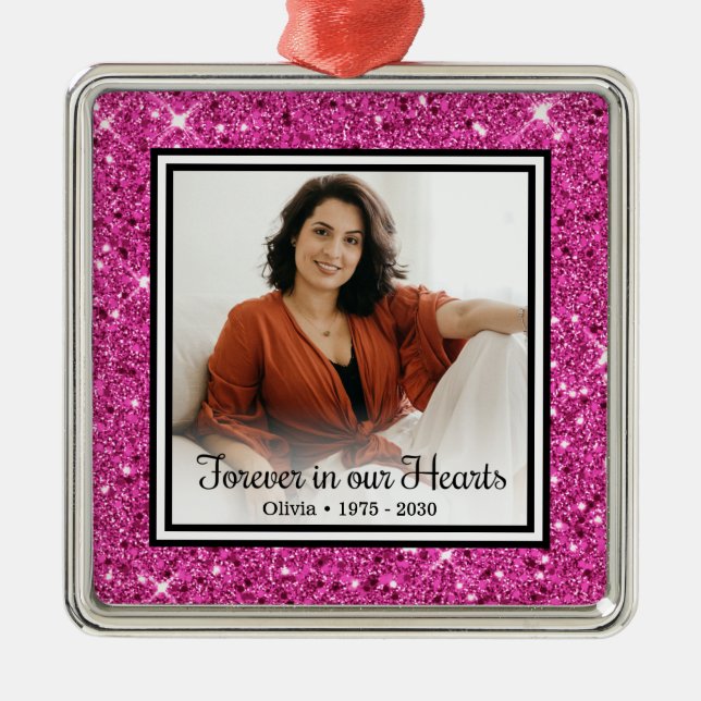 Für immer in unserem Herz-Gedächtnis rosa Glitzer Ornament Aus Metall (Vorne)
