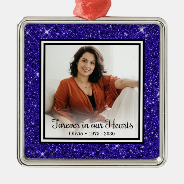 Für immer in unserem Herz Memorial Blue Glitzer Ornament Aus Metall (Vorne)