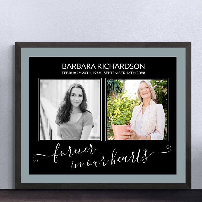 Für immer in unserem Herzen Elegantes Script Foto  Poster (Funeral memorial poster to order professionally printed or as a printable digital download)