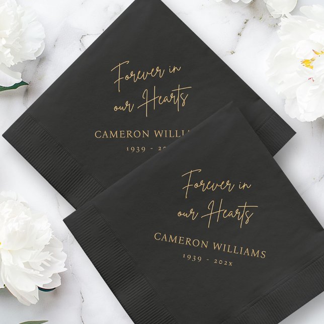 Für immer in unserem Herzen Name Datum schwarze Be Servietten Mit Folie (Forever in our hearts name date black funeral foil napkins)