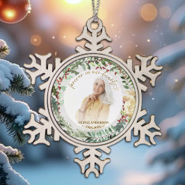 Für immer in unserem Herzen Personalisiertes Foto Schneeflocken Zinn-Ornament