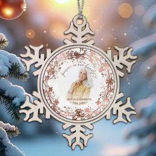Für immer in unserem Herzen Rose Foil Foto Memoria Schneeflocken Zinn-Ornament