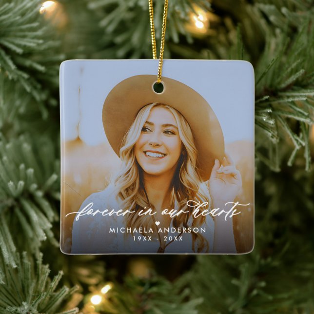 Für immer in unseren Herzen 2-Foto-Gedenkstätte Keramikornament (Baum)