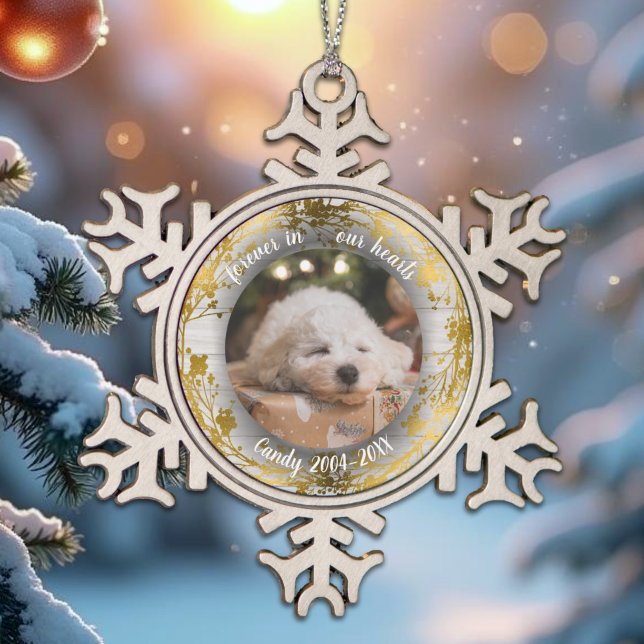 Für immer in unseren Herzen | Foto-Pet-Memoryhefte Schneeflocken Zinn-Ornament (Von Creator hochgeladen)