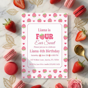 Für immer süße rosa Erdbeermädchen 4. Geburtstag Einladung