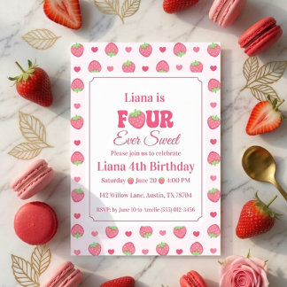 Für immer süße rosa Erdbeermädchen 4. Geburtstag Einladung