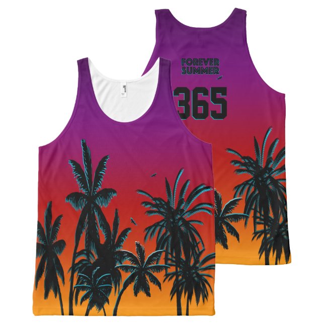 Für immer Tahiti-Sonnenuntergang-Schwarz-Palmen Komplett Bedrucktes Tanktop (Vorder- und Rückseite)